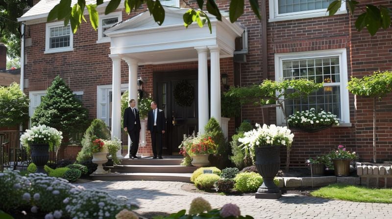Two directors stand at a red-brick funeral home with white columns and lush gardens, Funeral homes Port Washington, NY.