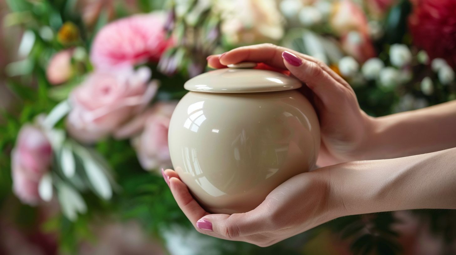 Hands gently holding a beige ceramic urn amid soft florals, representing compassionate cremation services Roslyn Heights, NY.